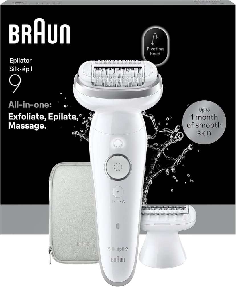 Braun Silk·épil 9 Epilator for Women, 9-041, Silver - Pivoting Head for Easy Hair Removal, Wet & Dry Use, Shaver Head, Trimmer Comb, Lasting Smooth Skin - 1