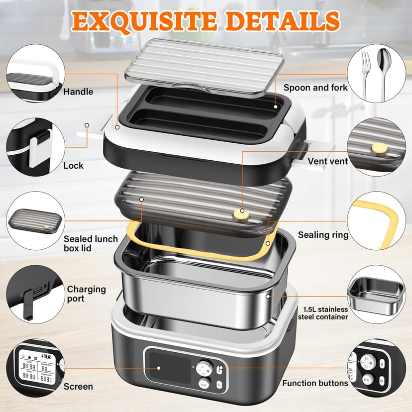 Electric Lunch Box 100 W, Electric Lunch Box 1.5 L Heat Box Insulated Heat Box Automatic Heating Function with Insulated Bag, Fork & Spoon and Removable Divider Plate - 3