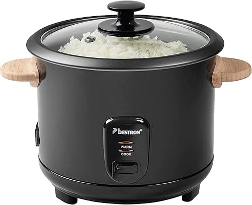 Bestron Rice cooker with wooden handles, for 8-10 people, incl. measuring cup & rice spoon, with heating function, 1.8-liter Capacity, 700 Watt, color: black