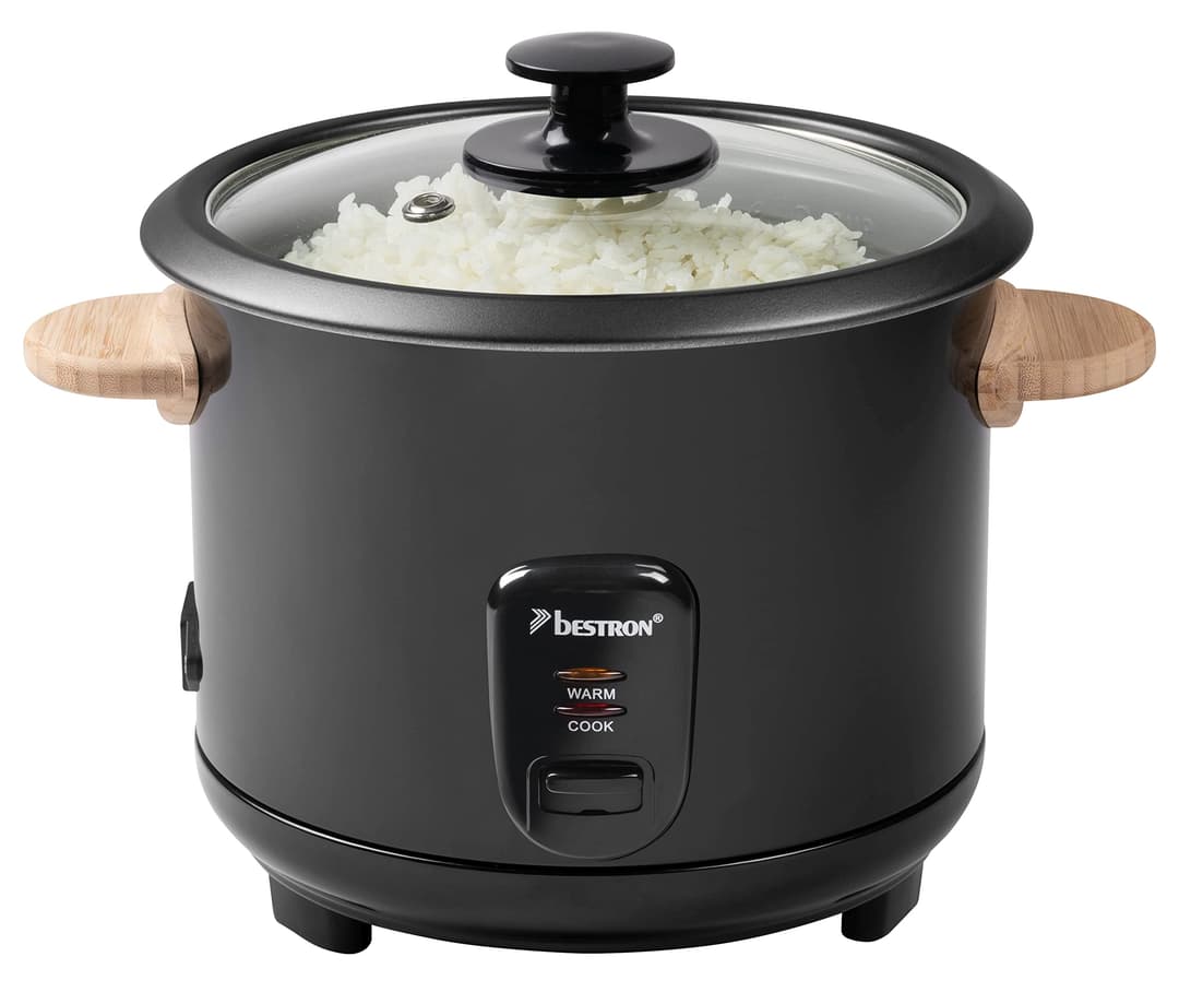 Bestron Rice cooker with wooden handles, for 8-10 people, incl. measuring cup & rice spoon, with heating function, 1.8-liter Capacity, 700 Watt, color: black