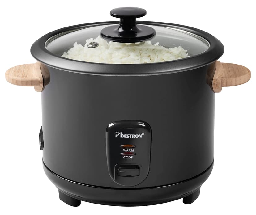 Bestron Rice cooker with wooden handles, for 8-10 people, incl. measuring cup & rice spoon, with heating function, 1.8-liter Capacity, 700 Watt, color: black - 1