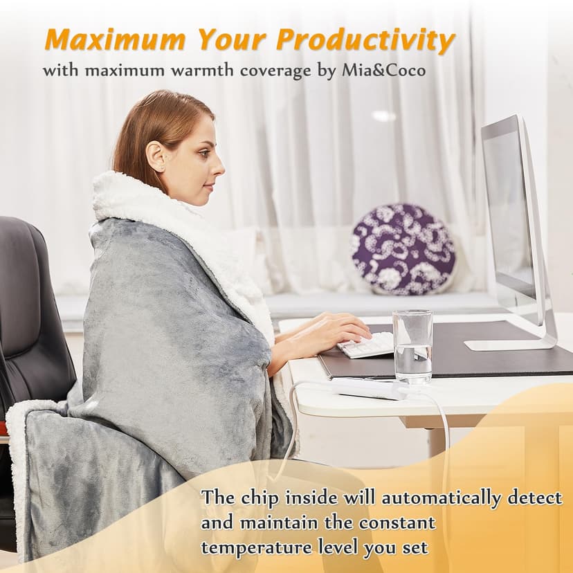 Mia&Coco Electric Heated Blanket Throw Flannel Sherpa Fast Heating 120x160cm, 10 Heat Levels & Up-to-9-Hours Auto-Off Timer & LED Display, for Home Office Use, Machine Washable, ETL Certified, Gray - 8