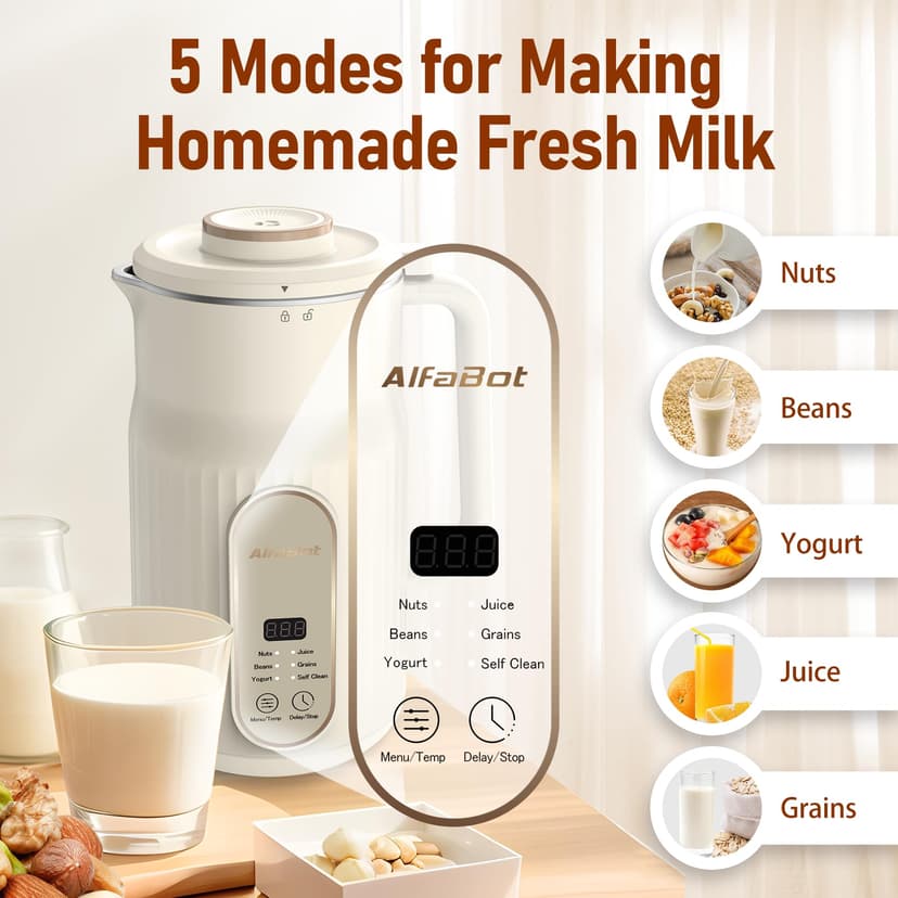 Nut Milk Maker, AlfaBot N2 Automatic Almond Milk Machine for Homemade Plant-Based Milk, Oat, Soy, Yogurt and Dairy Free Beverages, 35 OZ Soy Milk Maker with Delay Setting and Self Cleaning - 2