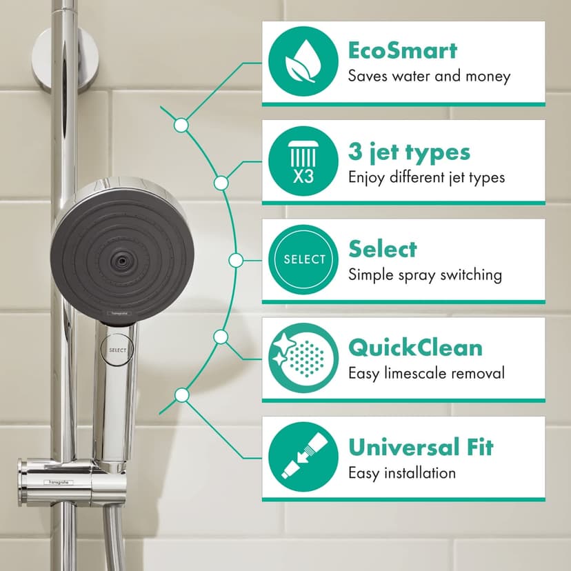 hansgrohe Pulsify Select S - Pommeau de douche économie d'eau avec 9 l/min (EcoSmart), Douchette à main avec 3 types de jet (Edition Activation), Douchette ronde (diamètre 105 mm), Chromé, 24101000 - 2