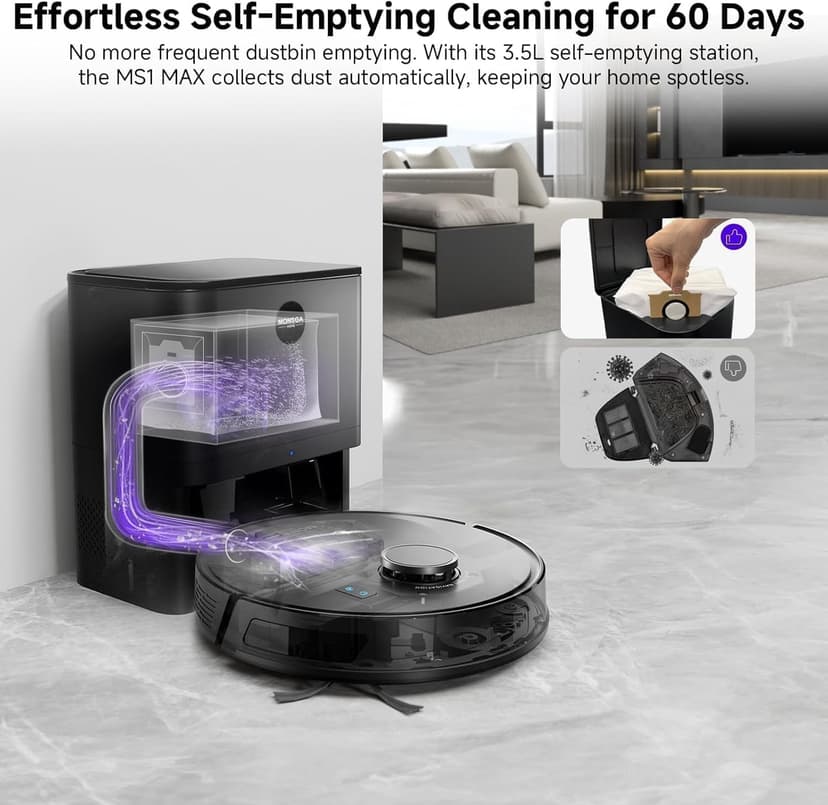 MONSGA Robot Vacuum with Mop, 7000Pa Powerful Suction, Lidar Navigation Robotic Vacuum with 3.5L Self-Empty Station, 180mins Runtime, APP/Remote/Voice Control, for Hard Floors and Carpets (MS1MAX) - 5