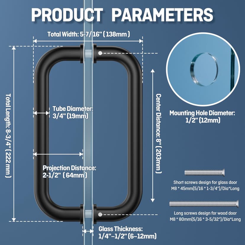 Ranbo Shower Glass Door Handle, 203mm (8 Inch) Hole Centres, Matt Black, 304 Stainless Steel, 1.0mm Thick Tube, Fits 6–12mm (1/4"–1/2") Glass, for Bathroom Door Installation or Replacement. - 2