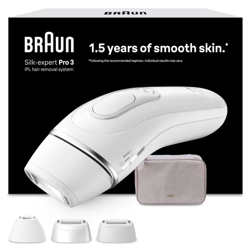 Braun Silk-Expert Pro 3 Pulsed Light, Home Hair Removal, Alternative to Laser Hair Removal, IPL Epilator with Case and 3 Heads for Face and Body, White/Silver, PL3230 - 1