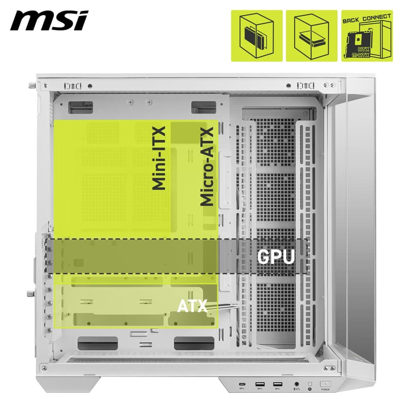 MSI MAG PANO 100L PZ WHITE ATX PC Case - ATX Capacity, Verical GPU Installation Bracket, GPU Holder, Dust Filters, Swinging Storage Bracket, Dual-chamber, USB 20Gbps Type-C - 4