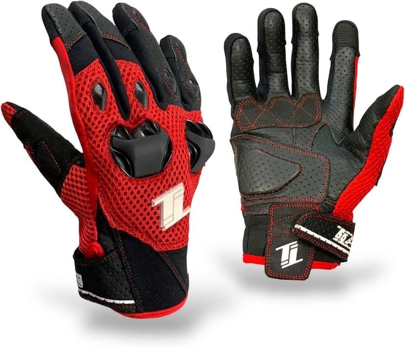 TLA WIK Gants moto en cuir et tissu avec protections homologué CE,poignet court, hommes et femmes.Gant moto,scooter,café racer,tactiles,mi-saison,respirants, haute protection contre les chocs.Rouge_XL - 1