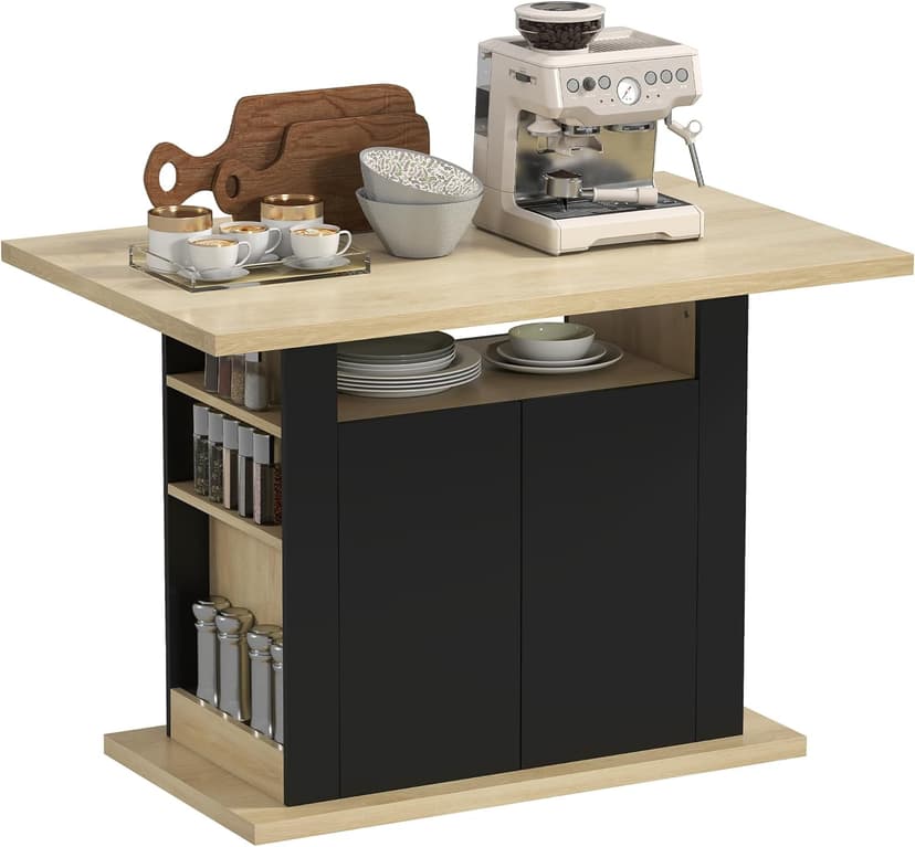 HOMCOM Central Island Dining Table Kitchen Storage Table with Large Work Top for 4-6 People - Cupboard with 4 Doors and Shelves - Wood - Dimensions: 110 L x 70 W x 75.5 H cm Black and Natural - 1