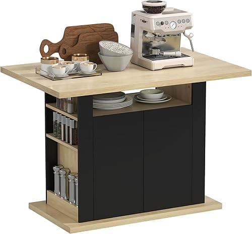 HOMCOM Central Island Dining Table Kitchen Storage Table with Large Work Top for 4-6 People - Cupboard with 4 Doors and Shelves - Wood - Dimensions: 110 L x 70 W x 75.5 H cm Black and Natural