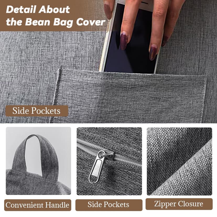 Highdi Large Bean Bag Without Fillings - Cotton Linen Durable & Comfortable, Grey Storage Bean Bag Chair for Living Room/Bedroom/Gaming Room, Perfect for Adults & Teens, Childrens - 4