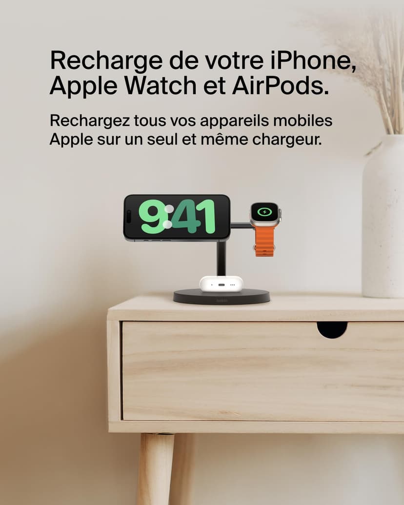 Belkin MagSafe 3 in 1 Wireless Charger, MagSafe Charging Station 15W Fast Charging for iPhone and AppleWatch, Charging AirPods Charging Station for iPhone 16, 15, 14, 13, Apple Watch, AirPods - 2