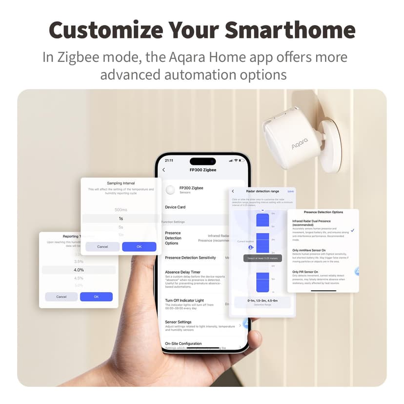 Aqara Détecteur de Présence sans Fils 5-en-1 FP300, Thread/Zigbee,Radar mmW+PIR,Détection de Mouvement/Présence/Lumière/Température/Humidité,Compatible avec Apple Home,Alexa,Home Assistant,Google - 6