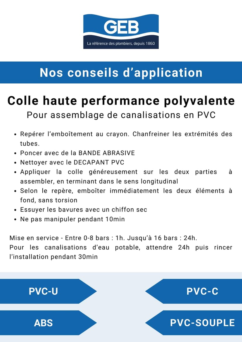 GEB Colle haute performance 250 ml polyvalente pour assemblage de canalisations en PVC - Pour réseau avec pression d'eau froide/chaude sanitaire et réseau d'évacuation des eaux usées - 4