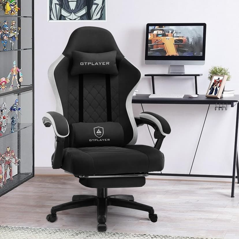 GTPLAYER Gaming Chair, Ergonomic Gaming Chair, Desk Chair with Fabric Surface, Spring Seat Cushion, Connecting Armrests and Footrest, Dark Black - 2