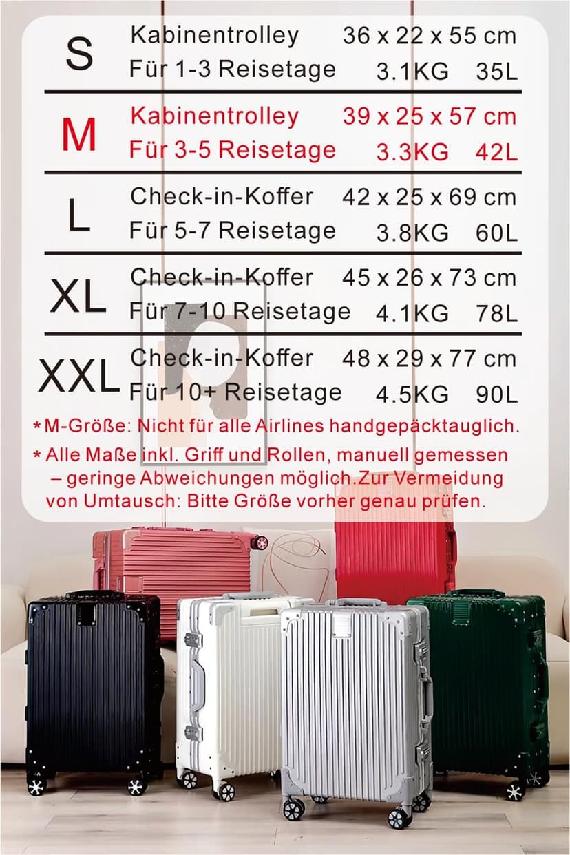 Aoliwei Suitcase Hand Luggage · Silver · Aluminium Frame · Hard Shells in Polycarbonate · Trolley Travel Luggage · Travel Suitcase with 4 Double Wheels · TSA Combination Lock · S-55 cm - 7