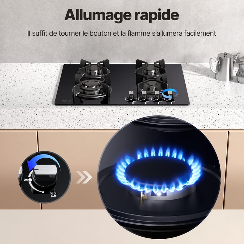 WEHIMO Gas Hob with 4 Burners, Built-in Gas Hob, 60 cm, Cast Iron Grill, 7800W, City Gas and Bottle, Black Glass - 4