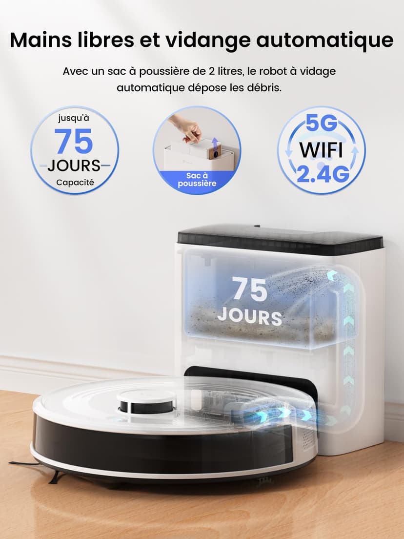Lefant M2 Plus Robot Aspirateur Laveur 6000Pa avec Station Vidage Automatique Poussière,Navigation Laser avec Cartographie,Évitement d'obstacles PSD,140min,Idéal pour Poils d'animaux - 2