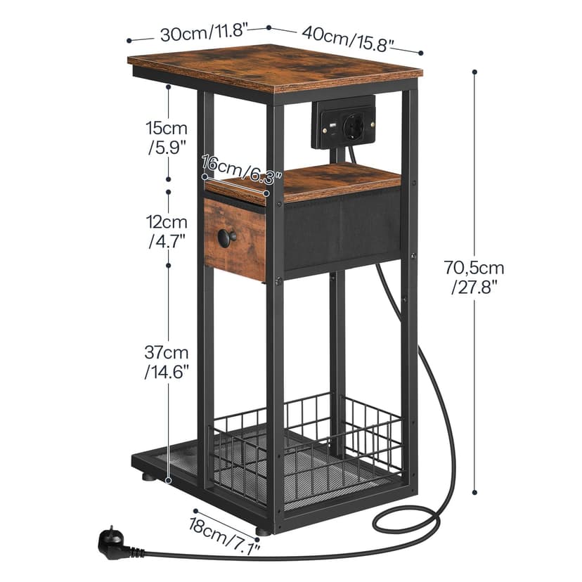 HOOBRO Table d’Appoint en C avec Multiprise (1 AC, 1 USB-A, 1 Type-C) et 1 Tiroir, Table de Chevet, avec 4 roulettes et 4 Pieds Réglables, pour Chambre, Salon, Marron Rustique et Noir EBF79CSF01 - 3