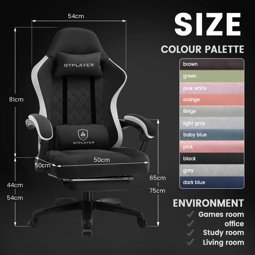 GTPLAYER Gaming Chair, Ergonomic Gaming Chair, Desk Chair with Fabric Surface, Spring Seat Cushion, Connecting Armrests and Footrest, Dark Black - 3