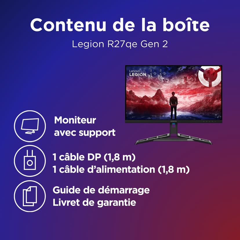 Lenovo Legion R27qe Gen2 - Écran Gaming 27'' (QHD, IPS, 200 Hz, 0.5 ms, HDMI+DP, Câble DP, AMD FreeSync Premium) Réglage en Inclinaison - Noir - 7