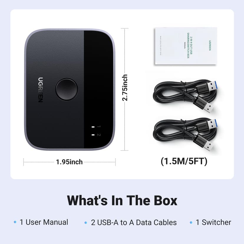 UGREEN USB Switch, USB 3.0 Switcher 2 In 2 Out 2 Computers Share 2 USB for Keyboard, Mouse, Printer, Hard Drives with 2 USB 3.0 A to A Cables Compatible with Windows, Mac, Linux - 7