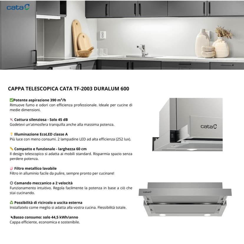 CATA | Extractor Hood | TF 2003 Model DURALUM 60 | 2 Extraction speeds | Cooker Hood 390m3/h - 150m3/h | Stainless Steel Finish - 7