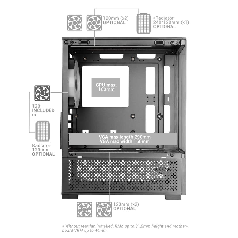Mars Gaming MC-SE2, MicroATX Gaming Case, Frameless Tempered Glass Front and Side, 120mm FRGB Fan, Dual-Chamber Structure, Compact PC Case with Large Internal Capacity, Black - 5
