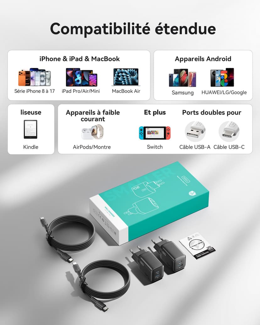 INIU 30 W USB C Charger Pack of 2, [USBC + USBA] Fast Charger with Cable, Gan PD 3.0 Multiple Power Supply, USB C Charger for iPhone 16 15 Pro Max, iPad, Galaxy S25 S24 S23 Ultra, Google ECC - 7