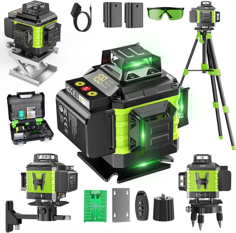 Livella Laser Autolivellante 16 Linee con Treppiede, 4 X 360 °Livello Laser Autolivellante Verde, 2 x Batterie, Autolivellante, Supporto rotante, Telecomando - 1