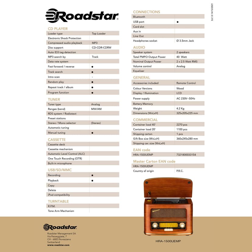 Roadstar HRA-1500UEMP Radio CD Portable FM/MW Vintage, Lecteur CD-MP3, Fonction d'enregistrement USB, Stéréo, Télécommande, Connexion pour Casque, Bois - 3