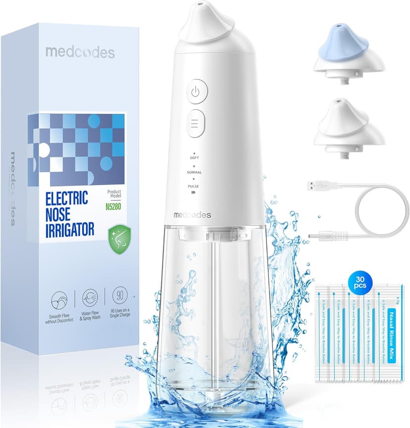 Medcodes Système de Lavage Nasal Amélioré à Double Alimentation, Rince-Nasal Électrique, Soulagement des Sinus, Kit avec 30 Sachets de Solution Saline (Large) - 1