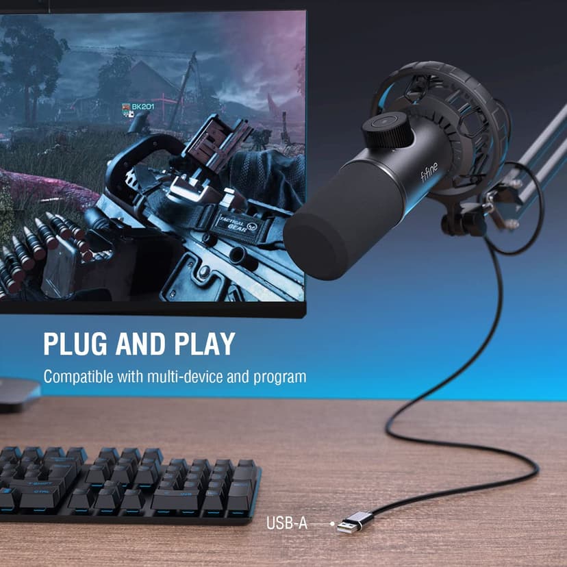FIFINE USB Micro Gaming, Dynamiques Microphone PC PS4 PS5 pour Streaming Podcast Studio, Bouton de Silence & 3,5mm Prise Casque, Plug and Play Microphone Cardioïde pour Diffusion en Continu - 5