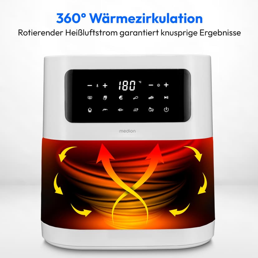 MEDION E40 XL Friteuse à air chaud (panier à friture XXL de 5,3 litres, 2 150 watts, 9 programmes automatiques, fonction cuisson, friture sans huile, panneau de commande tactile, affichage LED) blanc - 3