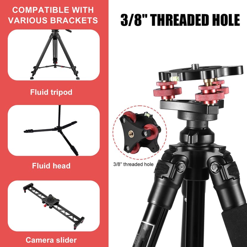 Base de Mise à Niveau Trépied, Tripod Leveling Base avec Niveau à Bulle Tête à Trois Axes Filetage 3/8" Angle Précis Réglable +/-5° Alliage d'Aluminium pour la Photographie Panoramique Macro - 4