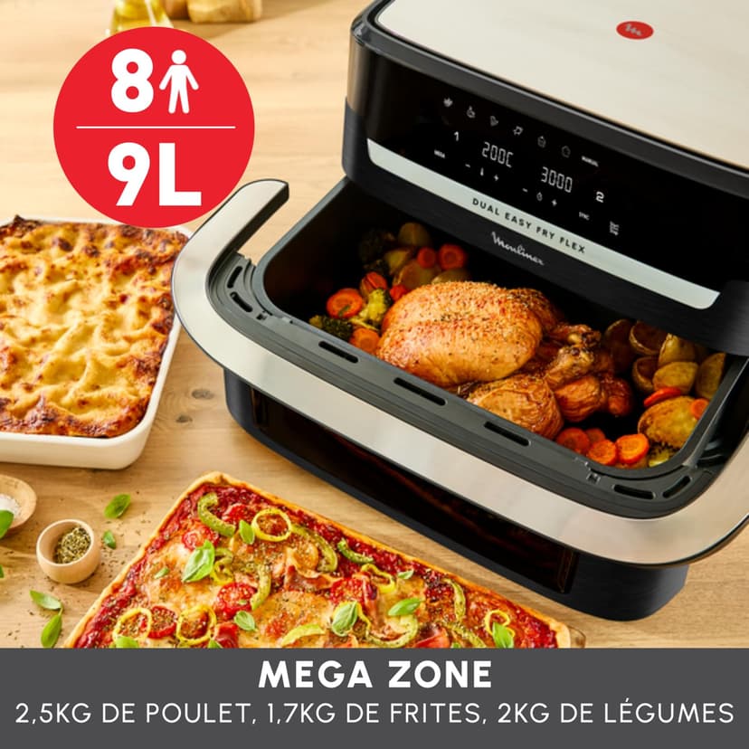 Moulinex Easy Fry Dual Flex, Air Fryer, Large Drawer 9L, Double Zone, Removable Divider, Up to 8 People, 7 Intuitive Programs, EZ9228F0, Black - 3