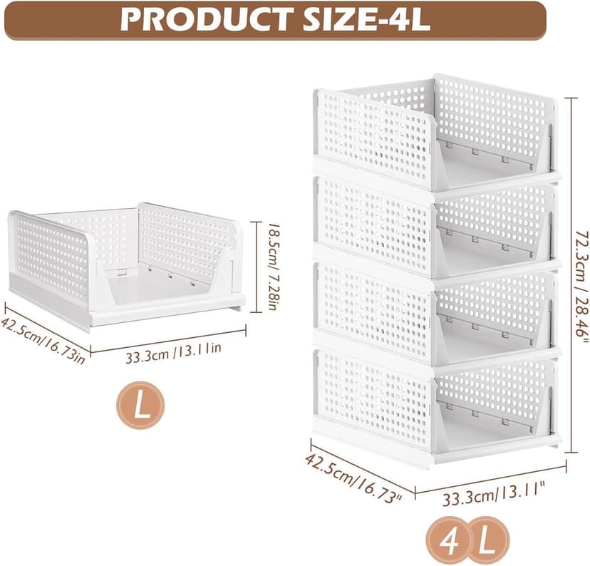 caktraie Organizador de armario plegable, paquete de 8 cajas de almacenamiento apilables, cesta de almacenamiento de plástico, almacenamiento plegable para armario, cocina, baño, color blanco - 2