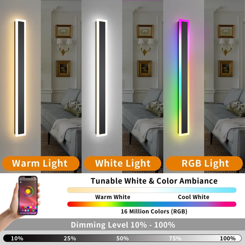 Zihoi Applique murale extérieure RGB, 180cm 2 groupes RGB/chaud/blanc dimmable moderne LED applique murale, longue lampe murale avec contrôle à distance et app pour extérieur/intérieur - 2
