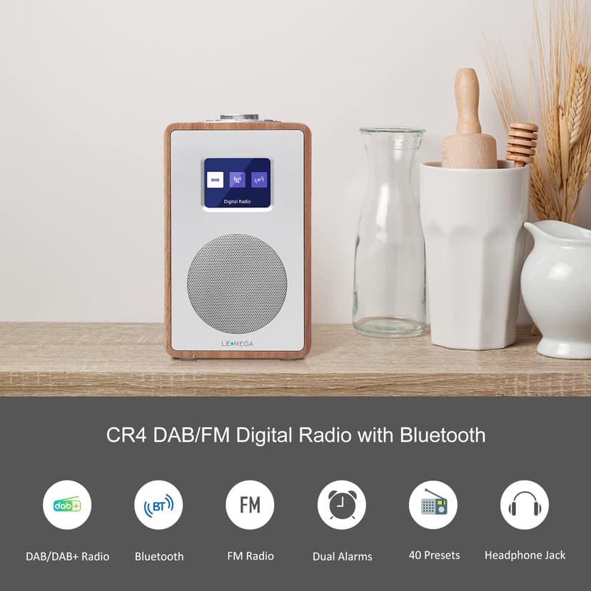 LEMEGA CR4 Radio numérique Dab/Dab+/FM avec Bluetooth,Radio Dab Portable alimentée par Le Secteur,Horloge à Deux alarmes avec Snooze,Affichage Couleur,Effet Bois (Noyer) - 2
