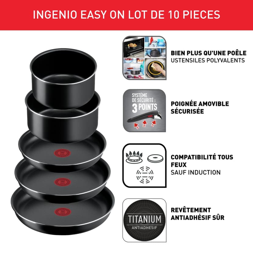 Tefal Ingenio Batterie de cuisine 10 pièces, Poêles, Casseroles, Couvercles, Poignée, Non induction, Revêtement antiadhésif, Empilable, Compatible lave-vaisselle, Fabriqué en France, Easy On L1599902 - 2