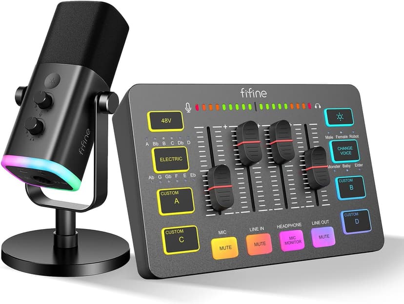 FIFINE USB/XLR Streaming Micro Dynamique, Gaming Audio Mixer, Streaming RGB PC Mixer avec Interface Microphone XLR (AM8 + SC3) - 1