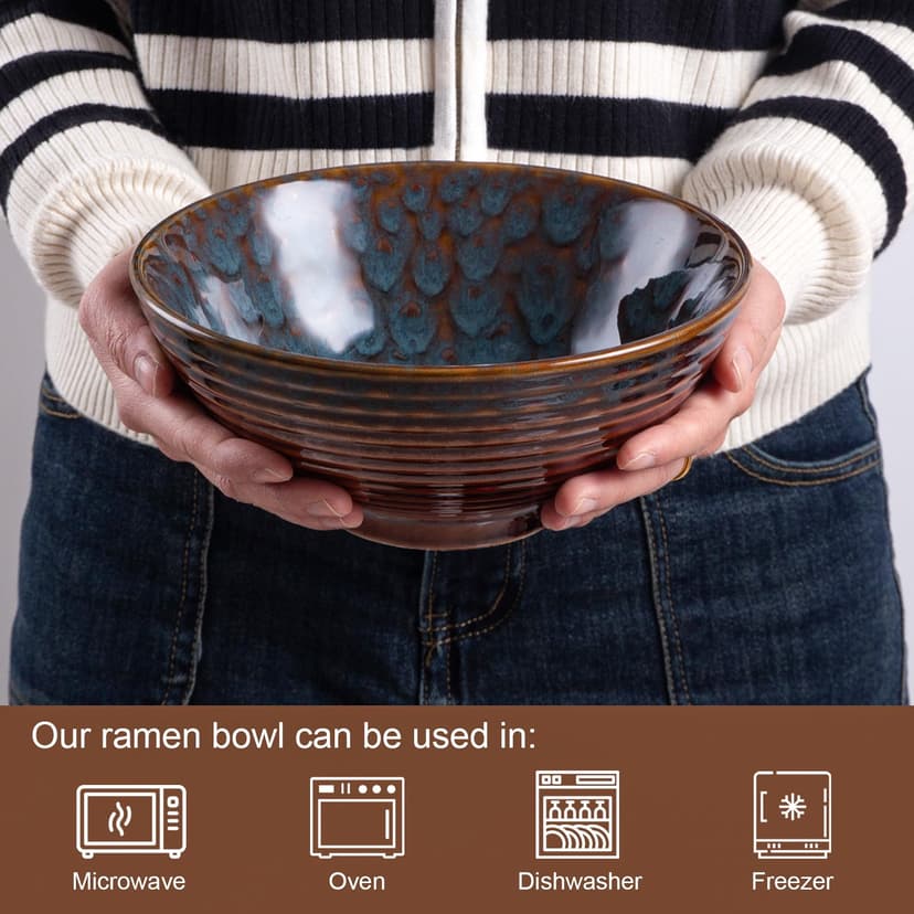 1200ml Ceramic Ramen Bowl Set of 2 Japanese Noodle Bowls with Spoons and Chopsticks, Peacock Tail - 3