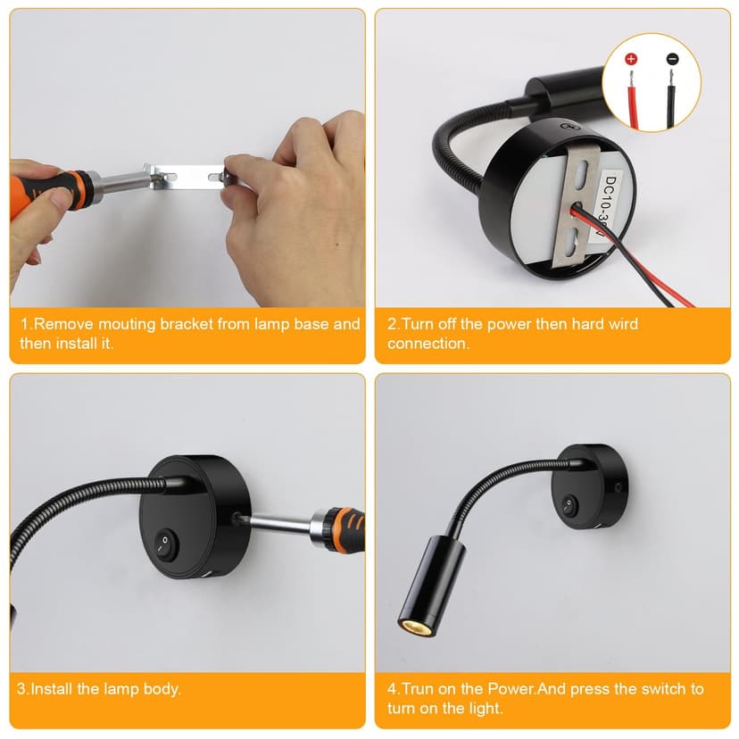 ERWEY 2pcs Lampes de Lecture LED 12V pour camping-car avec col de cygne flexible et port de charge USB 3000K blanc chaud DC 10-30V éclairage intérieur pour bateau caravane yacht, noir - 6