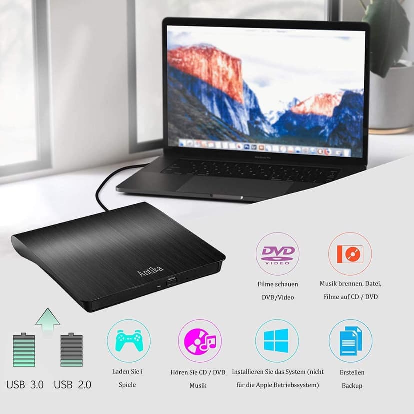Lecteur CD DVD Externe,Antika USB 3.0 Portable Graveur et Lecteur de CD-RW/DVD-RW Portable Compatible avec Ordinateurs Windows XP/7/8/10 Mac, MacBook Air/Pro - 2