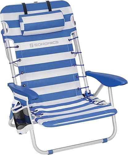SONGMICS Beach Chair, Folding Camping Chair, with Shoulder Strap, Adjustable Backrest, Headrest, Armrest, 2 Side Pockets, Blue and White GCB62BU