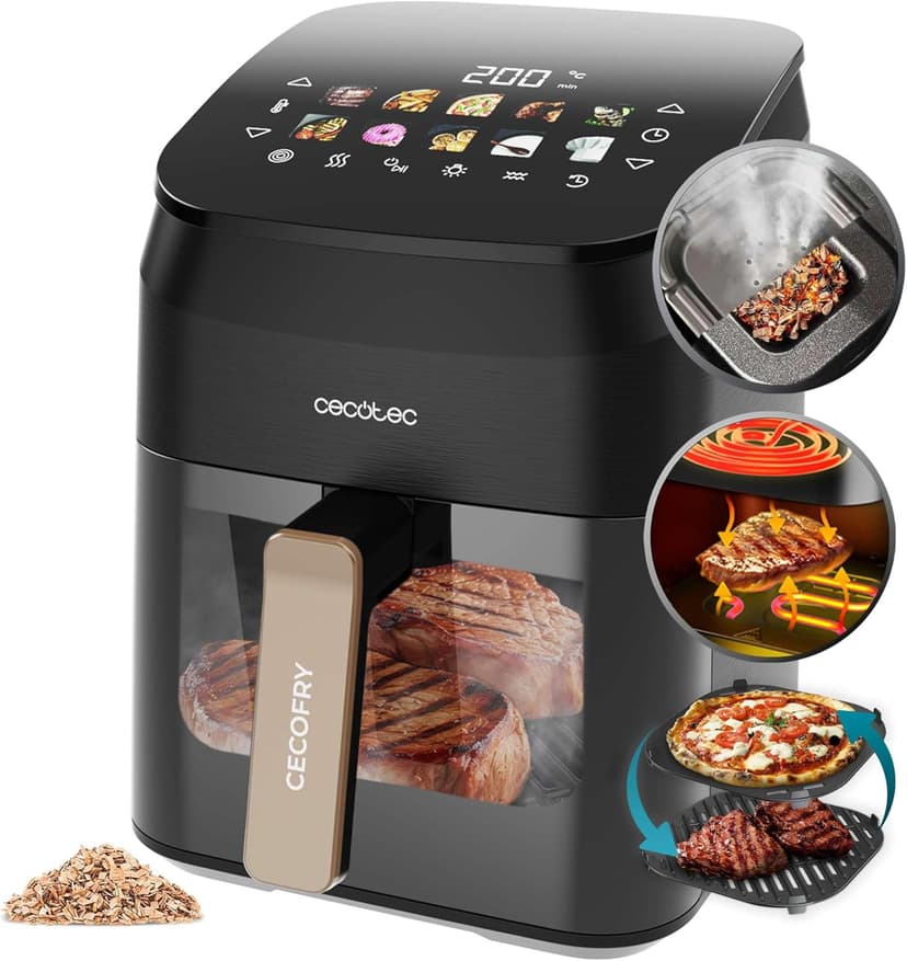 Cecotec Air Fryer Cecofry & Grill Smokin' 4500 Oil-Free Air Fryer, Grill, Plancha, Smoker Function, Double Resistance, Uniform Cooking, Ideal for Meat and Pizzas - 1