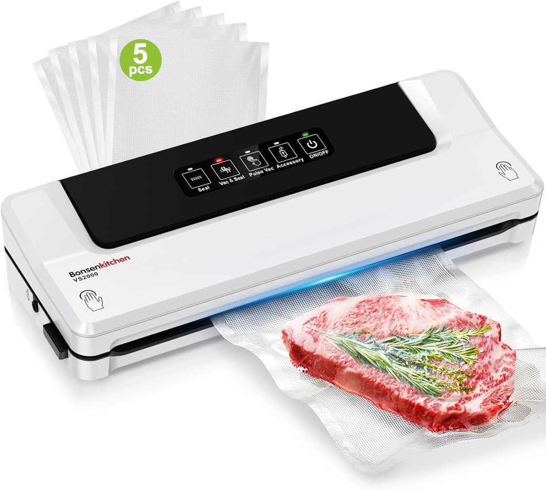 Bonsenkitchen Vacuum Sealer, Continuous High-Speed ​​Vacuum Sealer, Food Sealing Machine, Includes 5 Vacuum Bags and Hose (White)