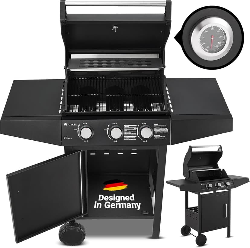 Juskys BBQ grill a gas Louisiana 3 bruciatori 8,1 kW - carrello per barbecue a gas con griglia, coperchio - Barbecue con termometro, griglia scaldavivande e ripiani laterali - 1