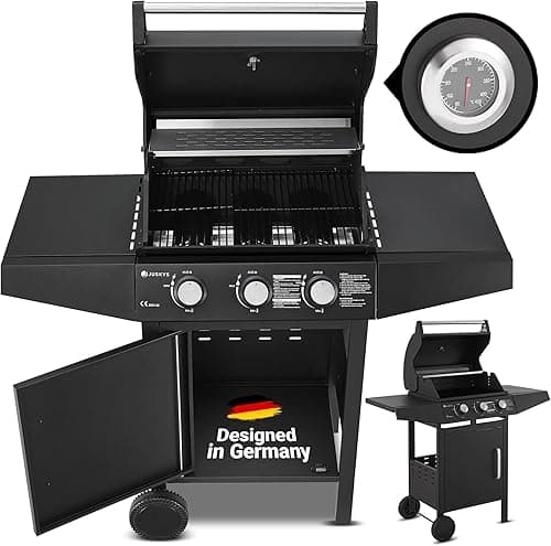 Juskys BBQ grill a gas Louisiana 3 bruciatori 8,1 kW - carrello per barbecue a gas con griglia, coperchio - Barbecue con termometro, griglia scaldavivande e ripiani laterali